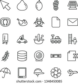 thin line vector icon set - saving light bulb vector, building level, helmet, electronic boiler, envelope, umbrella, big data, delete page, lens, chicken, fig, tamarillo, half tomato, eco car, fan