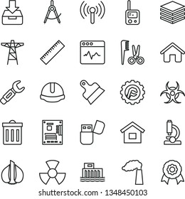 thin line vector icon set - bin vector, yardstick, accessories for a hairstyle, toy phone, house, dwelling, construction helmet, putty knife, star gear, cardiogram, pile, put in box, garlic, medal