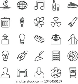 thin line vector icon set - woman vector, trowel, hand saw, dust bin, bulb, move down, japanese sushi, light, globe, calculator, fan, note, nuclear, earth core, rocket, biology, flame torch, wine