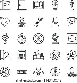 thin line vector icon set - crane vector, hook, adjustable wrench, color samples, lay out of flat, power socket type f, ntrance door, building level, putty knife, gear, pedestal, biohazard, biology