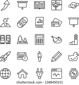 thin line vector icon set - calculator vector, baby duckling, tumbler, temperature, book, earth, cardiogram, chicken, electric plug, forest, pencil, on statistics, giftbox, pc speaker, saturn