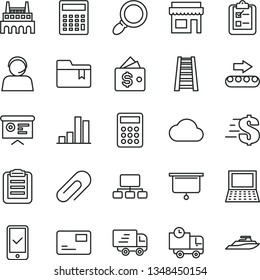 thin line vector icon set - clip vector, dollar, calculator, folder bookmark, stepladder, pass card, delivery, survey, industrial factory, production conveyor, bar chart, scheme, operator, Express