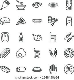 thin line vector icon set - plates and spoons vector, a chair for feeding, child, iron fork, sausage, cheese, fried vegetables on sticks, pizza, piece of, Hot Dog, mini, pie, plate, chicken, chop