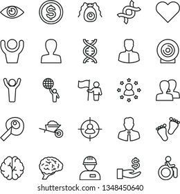 thin line vector icon set - woman vector, women, footprints, workman, garden trolley, employee, heart, eye, lens, man in sight, dollar, get a wage, dna, brain, bactery, artifical insimination, flag