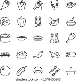 thin line vector icon set - plastic fork spoons vector, iron, sausage, canned goods, fried vegetables on sticks, onion, slices of, spaghetti, cake, pie, a bowl buckwheat porridge, lettuce in plate