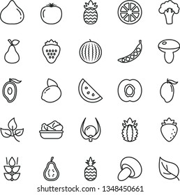 thin line vector icon set - mushroom vector, porcini, lettuce in a plate, strawberry, pineapple, pear, orange slice, mint, half apricot, raspberry, fig, water melon, mango, of, yellow lemon, juicy