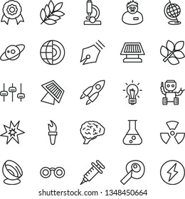 thin line vector icon set - flask vector, microscope, glasses, nuclear, bulb, brain, settings, globe, scientist, artifical insimination, earth core, medal, robot, sun panel, satellite antenna, bang