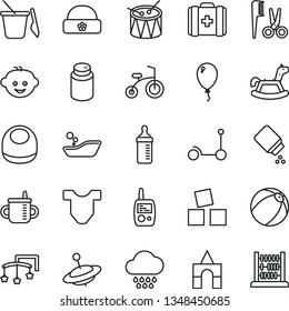 thin line vector icon set - toys over the cot vector, mug for feeding, measuring bottle, powder, baby, bib, Child T shirt, bath ball, children's bathroom, accessories a hairstyle, cloud, medical bag