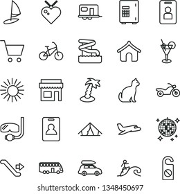 thin line vector icon set - plane vector, car baggage, camper, bus, bike, motorcycle, escalator, identity card, boungalow, tent, sun, palm tree, cocktail, disco ball, aquapark, diving mask, surfing