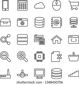 thin line vector icon set - monitor window vector, zoom, out, house, calculation, smartphone, big data, server, address book, drawer, delete page, cart, shopping basket, connections, mouse, cpu