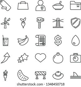 thin line vector icon set - heart symbol vector, hat, remove label, folder bookmark, traffic signal, camera, drop, a bowl of rice porridge, glass soda, pomegranate, slice tangerine, bananas, radish
