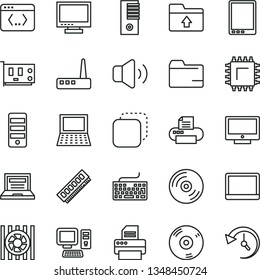 thin line vector icon set - laptop vector, monitor, keyboard, folder, upload, CD, screen, volume, copy, smd, computer, tablet pc, notebook, radiator fan, tower, memory, card, router, printer, coding