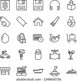 thin line vector icon set - bookmark vector, silent mode, add label, powder, bath, house, hand saw, headphones, kiosk, unpacking, chili, lime, valve, electric car, caliper, financial item, agenda