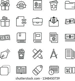 thin line vector icon set - folder vector, e, writing accessories, book, delete page, gift, label, copy, cup of popcorn, coffe to go, scribed compasses, portfolio, article on the dollar, cash, sale