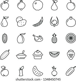 thin line vector icon set - muffin vector, a bowl of buckwheat porridge, chicken, cabbage, cucumber, beet, strawberry, pineapple, pear, peach, pomegranate, red apple, medlar, loquat, tangerine, stub