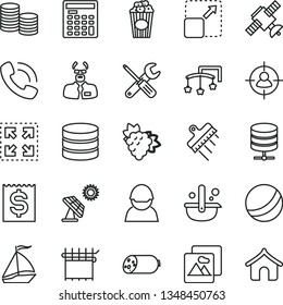 thin line vector icon set - toys over the cot vector, bath ball, small tools, spatula, picture, big data server, expand, size, sausage, cup of popcorn, branch grape, solar panel, racer, metallurgy