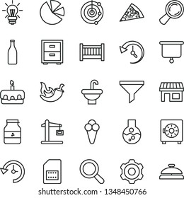 thin line vector icon set - magnifier vector, bedside table, baby cot, cogwheel, washbasin, strongbox, piece of pizza, torte, chili, cone, jar jam, Construction crane, SIM card, Glass bottle, stall