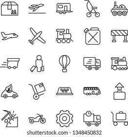 thin line vector icon set - truck lorry vector, summer stroller, baby toy train, traffic signal, delivery, cardboard box, shipment, coal mining, canister, eco car, urgent cargo, Express, lunar rover