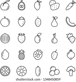 thin line vector icon set - carrot vector, strawberries, pear, ripe peach, grape, raspberry, medlar, tasty, blueberries, mulberry, water melon, slice of, mango, date fruit, tangerine, half loquat