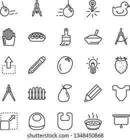 thin line vector icon set - graphite pencil vector, bib, baby, Child T shirt, duckling, big core, wooden paint brush, hedge, expand picture, move up, apple pie, a bowl of buckwheat porridge, pear