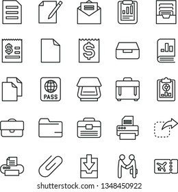 thin line vector icon set - clean sheet of paper vector, folder, archive, download data, portfolio, received letter, case, passport, drawer, notes, clip, move right, statistical report, overview