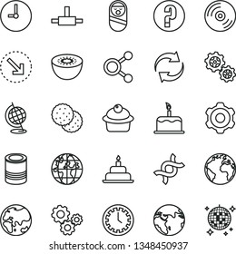 thin line vector icon set - sign of the planet vector, clock face, renewal, question, roly poly doll, birthday cake, cogwheel, wall, CD, right bottom arrow, tin, muffin, biscuit, kiwi, gears, dna