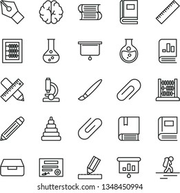 thin line vector icon set - tassel vector, clip, graphite pencil, yardstick, new abacus, stacking toy, e, books, writing accessories, drawing, drawer, round flask, book on statistics, presentation
