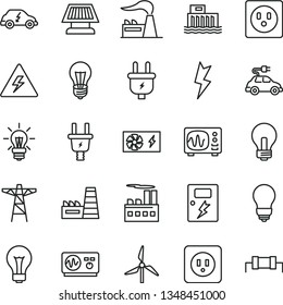 thin line vector icon set - danger of electricity vector, matte light bulb, incandescent lamp, power socket type b, lightning, dangers, windmill, factory, hydroelectric station, pole, plug, electric