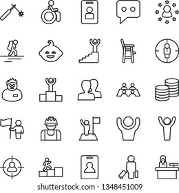 thin line vector icon set - women vector, a chair for feeding child, funny hairdo, coins, builder, welding, man in sight, goal woman, think, conversation, scientist, winner podium, carrer stairway
