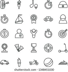 thin line vector icon set - stopwatch vector, bath ball, motor vehicle, child Kick scooter, warm hat, timer, racer, retro car, flame torch, winner, cup, gold, man with medal, target, purpose, aim