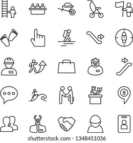 thin line vector icon set - women vector, summer stroller, children's tracks, workman, garden trolley, index finger, speech, racer, court hearing, goal woman, hand shake, bag, scientist, hold flag