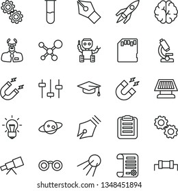 thin line vector icon set - artificial satellite vector, magnet, research article, sd card, test tube, microscope, telescope, molecule, glasses, bulb, brain, gears, settings, scientist, graduate hat