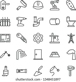 thin line vector icon set - cogwheel vector, trowel, drill, new roller, wooden paint brush, comfortable toilet, shower, lay out of flat, door knob, ntrance, construction level, helmet, knife, pipe