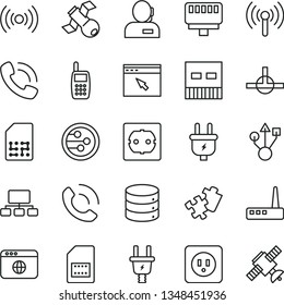 thin line vector icon set - Puzzle vector, power socket type b, f, big data, phone call, plug, electric, SIM card, scheme, dispatcher, mobile, usb, router, network, browser, connect, lan connector