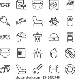 thin line vector icon set - spectacles vector, toys over the cot, diaper, nappy, powder, Baby chair, car child seat, winter hat, warm, key, umbrella, strongbox, encrypting, glasses, biohazard, safe