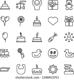 thin line vector icon set - heart symbol vector, toys over the cradle, bib, rubber duck, baby duckling, teddy bear, toy train, colored air balloons, balloon, cake, birthday, slice, torte, lollipop