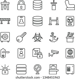 thin line vector icon set - prohibition vector, Baby chair, key, door knob, road fence, lock, anchor, passport, big data, strongbox, encrypting, biohazard, airport tower, rope barrier, identity card