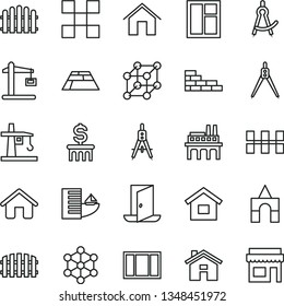 thin line vector icon set - house vector, box of bricks, dwelling, brick wall, window, frame, tile, ceramic tiles, fence, hedge, paving slab, home, industrial enterprise, tower crane, Construction