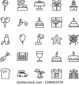 thin line vector icon set - daily calendar vector, colored air balloons, balloon, cake, birthday, Easter, torte, Chupa Chups, glass, wall, gift, giftbox, sand castle, champagne, car baggage, surfing