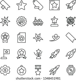 thin line vector icon set - add bookmark vector, remove label, star gear, space rocket, lunar rover, bang, cup, reward, medal, flag, hero, ribbon, certificate, dollar, flying man, disco ball