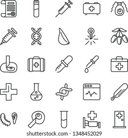 thin line vector icon set - first aid kit vector, plus, mercury thermometer, bag of a paramedic, medical, cardiogram, garlic, goji berry, flask, research article, test tube, dna, bactery, pipette