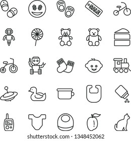 thin line vector icon set - baby powder vector, bib, Child T shirt, rubber duck, warm socks, toy mobile phone, children's potty, teddy bear, small, hairdo, train, yule, bicycle, tricycle, lollipop