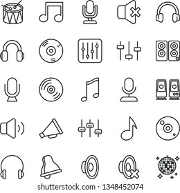 thin line vector icon set - bell vector, desktop microphone, horn, loudspeaker, silent mode, drum, headphones, music, CD, regulator, volume, no sound, pc speaker, note, settings, disco ball