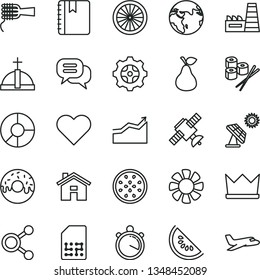 thin line vector icon set - house vector, heart, notebook, noodles, glazed cake with a hole, sushi set, pear, slice of water melon, half passion fruit, orange, big solar panel, thermal power plant