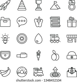 thin line vector icon set - stacking toy vector, baby train, children's, warm hat, sink, heating coil, speech, drop, folder, gift, kiosk, glazed cake with a hole, peper, apple, bananas, half of kiwi