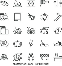 thin line vector icon set - toys over the cradle vector, baby toy train, Puzzle, ladder, lightning, traffic signal, core, noodles, Chinese chopsticks, japanese sushi, pumpkin, modern gas station