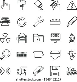 thin line vector icon set - paint roller vector, warning, clockwise, upload folder, toys over the cradle, diaper, baby powder, mercury thermometer, comb, children's potty, concrete mixer, brick