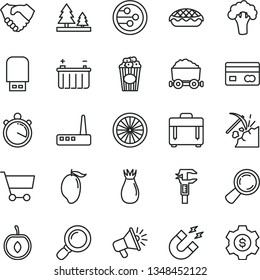 thin line vector icon set - case vector, apple pie, cup of popcorn, rose hip, mango, half cherry, orange, broccoli, coal mining, battery, forest, caliper, trolley with, cart, magnifier, hand shake