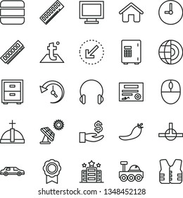 thin line vector icon set - monitor window vector, bedside table, house, temperature, wall clock, left bottom arrow, headphones, red pepper, big solar panel, get a wage, mouse, memory, connect, data