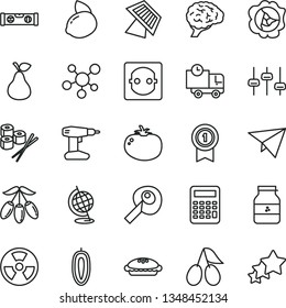 thin line vector icon set - drill vector, building level, delivery, pie, tomato, sushi set, jar of jam, pear, squash, cornels, goji berry, sweet date fruit, yellow lemon, power socket, molecule